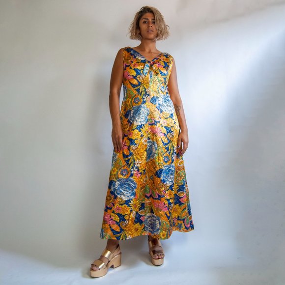 70s metallic floral dress l xl extra large / floral disco dress / formal event d - Picture 3 of 10